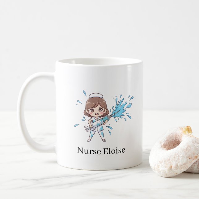 Taza De Café Custom Name Funny Nurse Overflowing Syringe Mug (Con donut)