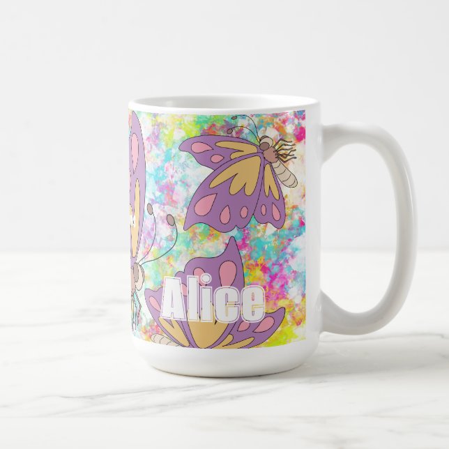 Taza De Café Custom name girly watercolor butterflies Purple (Derecha)