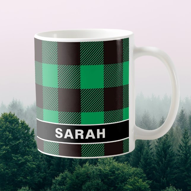 Taza De Café Custom Name Green & Black Buffalo Plaid (Custom Name Green & Black Buffalo Plaid Coffee Mug
)