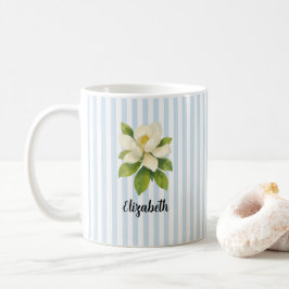 Taza De Café Custom Name Magnolia Painting Nautical Stripe 