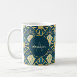 Taza De Café Custom Name & Monogram Art Deco Teal & Gold