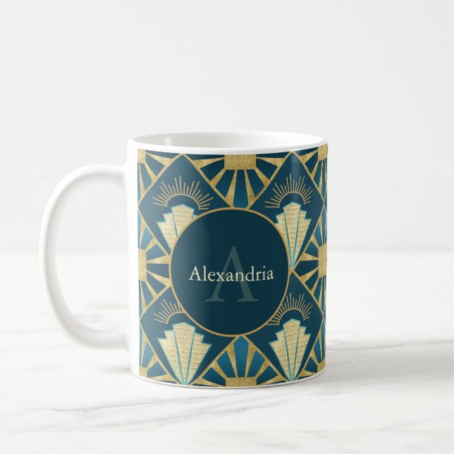 Taza De Café Custom Name & Monogram Art Deco Teal & Gold (Izquierda)