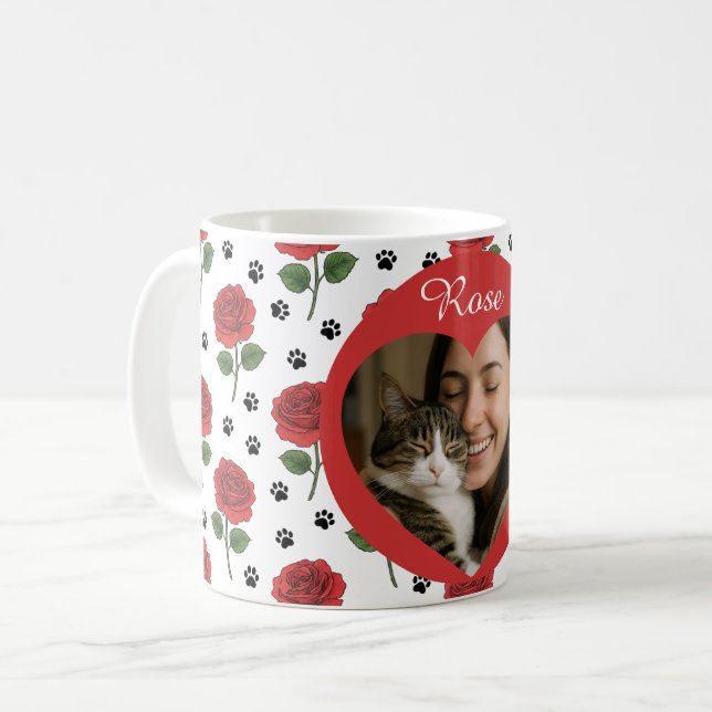 Taza De Café Custom Photo Red Roses and Paw Print Pattern (Anverso izquierdo)