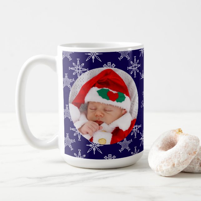 Taza De Café Custom Photo Santa Baby Snowflakes & Blue BKGRD (Con donut)