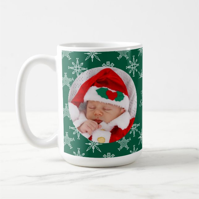 Taza De Café Custom Photo Santa Baby Snowflakes & Green Paper (Izquierda)
