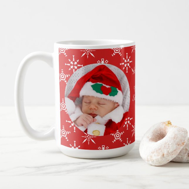 Taza De Café Custom Photo Santa Baby Snowflakes & Red BKGRD (Con donut)
