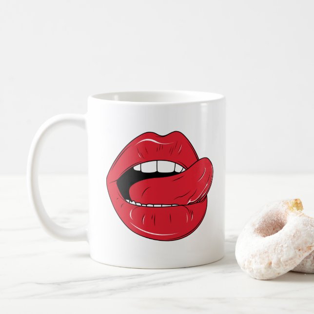 Taza De Café Custom Text Funny Red Lips Cartoon Mouth (Con donut)