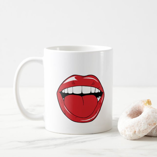 Taza De Café Custom Text Funny Red Lips Cartoon Mouth (Con donut)