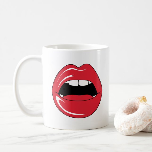Taza De Café Custom Text Funny Red Lips Cartoon Mouth (Con donut)