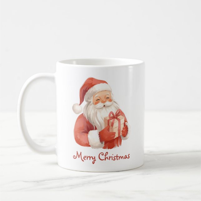 Taza De Café Custom Text Watercolor Santa Claus With Gift (Izquierda)