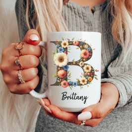 Taza De Café Custom Wildflower Initial Monogram Mug for Girls