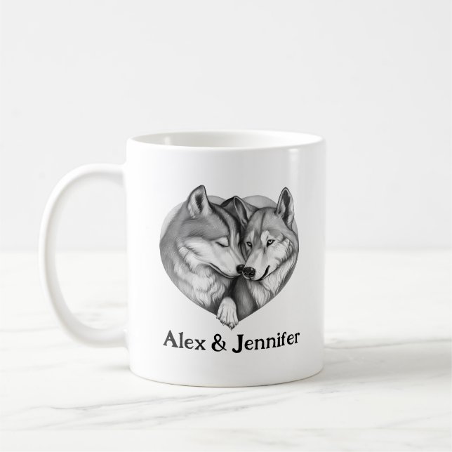 Taza De Café Custom Wolf Couple Names Personalized (Izquierda)