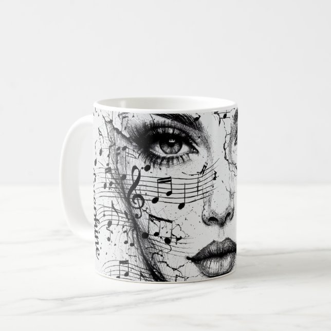 Taza De Café Customized Music Sheet Face Art Black White Artist (Anverso izquierdo)