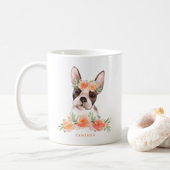 Taza De Café Cuta acuarela Boston Terrier Peach Floral (Con donut)