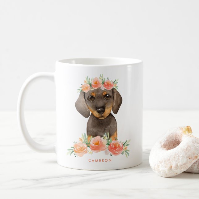 Taza De Café Cuta acuarela Dachshund Peach Floral (Con donut)