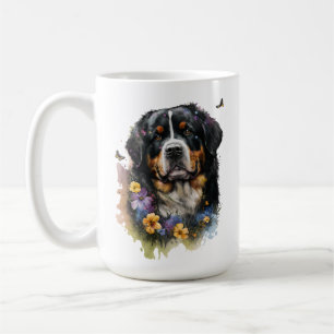 Taza De Café Cuta acuarela Perro de Montaña Bernés con flores
