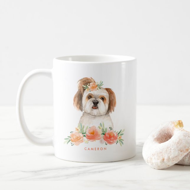 Taza De Café Cuta acuarela Shih Tzu Peach Floral personalizada (Con donut)