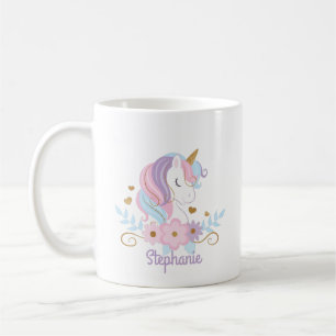 Taza De Café Cuta de nombres personalizados de unicornio floral