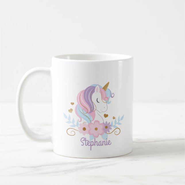 Taza De Café Cuta de nombres personalizados de unicornio floral (Izquierda)