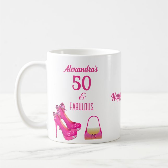 Taza De Café Cute 50 cumpleaños Hot Pink High Heels Nombre rega (Izquierda)