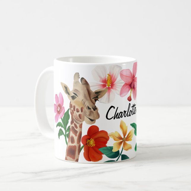 Taza De Café Cute acuarela Giraffe Floral Nombre (Anverso izquierdo)