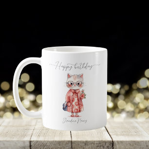 Taza De Café Cute acuarela Granny Cat Feliz cumpleaños