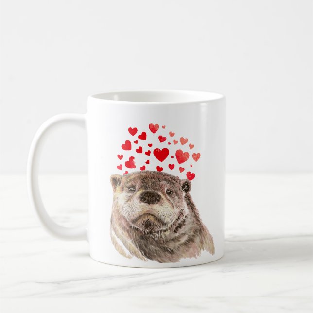 Taza De Café Cute acuarela Otter Hearts Love Animal Humor (Izquierda)
