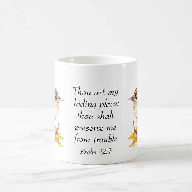 Taza De Café Cute acuarela Wren Bird Bible Scripture Ps 32:7 (Centro)