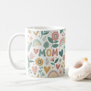 Taza De Café Cute Aesthetic Folk Art Flowers & Hearts MOM