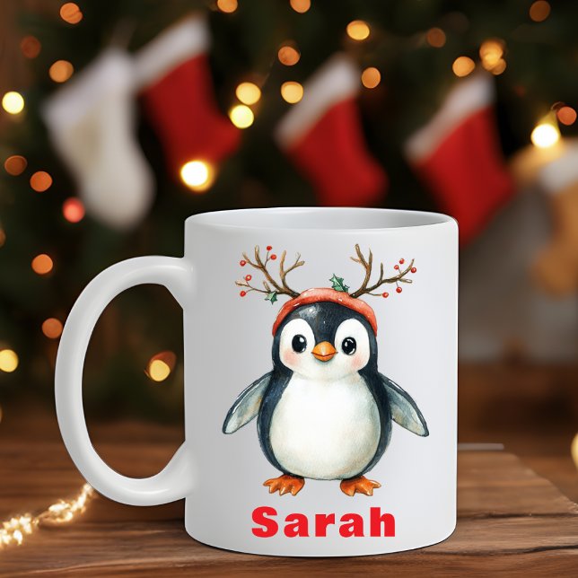 Taza De Café Cute Antlers Penguin Holiday Coffee Mug (Cute Antlers Penguin Holiday Coffee Mug)