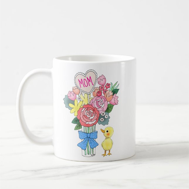 Taza De Café Cute Baby Duck with Pretty Flowers Mother gift (Izquierda)