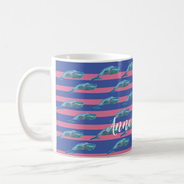Taza De Café Cute Ballenas Fish Art Rayas Rosa Personalizado  (Izquierda)
