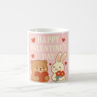 Taza De Café Cute Bear & Bunny Valentine's Day Mug – Pink Heart