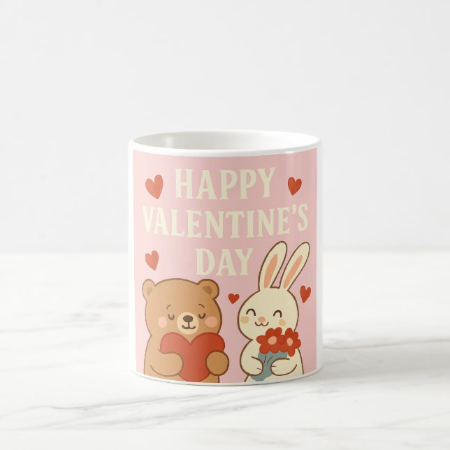 Taza De Café Cute Bear & Bunny Valentine's Day Mug – Pink Heart (Centro)