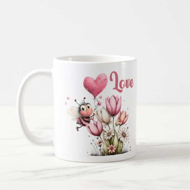 Taza De Café Cute Bee Love Heart & Floral  (Izquierda)