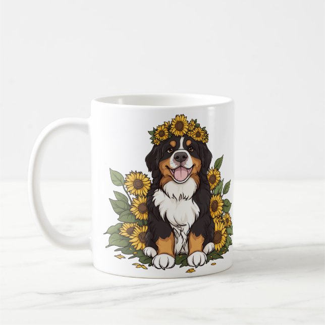 Taza De Café Cute Bernese Mountain Dog Wearing Sunflower Crown (Izquierda)