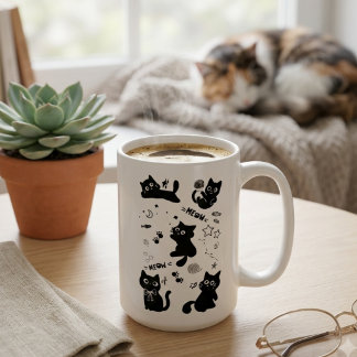 Taza De Café Cute Black Cats Doodles Pattern Kawaii Meow