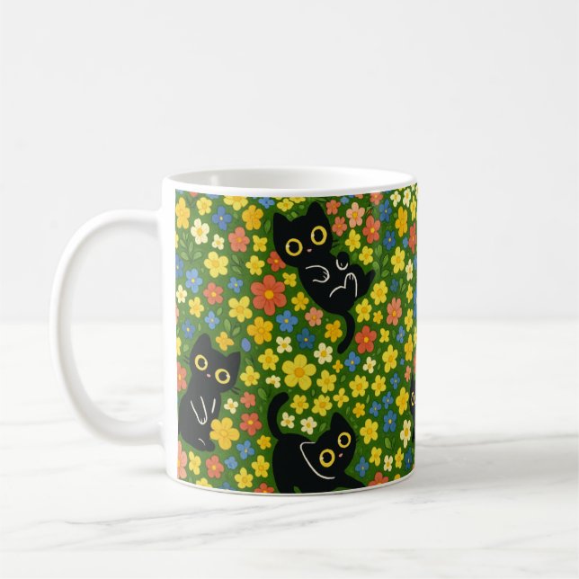 Taza De Café Cute Black Cats Floral Meadow Pattern (Izquierda)