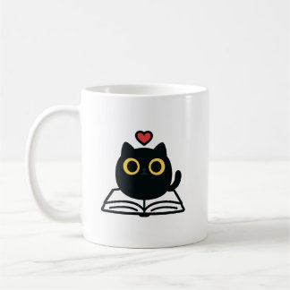 Taza De Café Cute Black Kawaii Cat Reading Book Cartoon