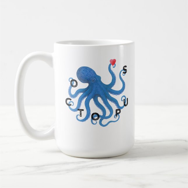 Taza De Café Cute Blue Octopus Friend with Heart Ocean Scuba  (Izquierda)