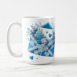 TAZA DE CAFÉ CUTE BLUE & WHITE CROCHET LOOK ENVELOPES