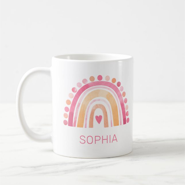 Taza De Café Cute Boho acuarela Arcoiris en rosa personalizado (Izquierda)