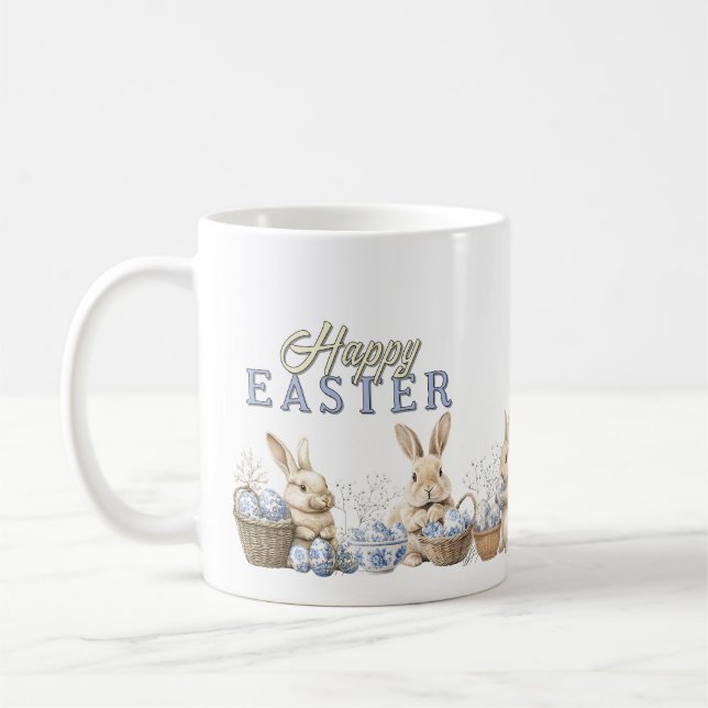 Taza De Café Cute Bunnies & Toile Blue Easter Eggs (Izquierda)