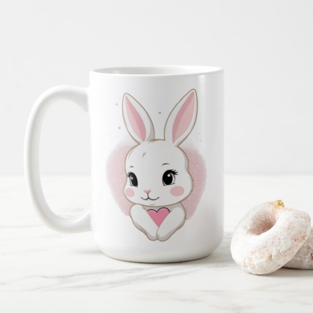 Taza De Café Cute Bunny Holding Heart | Romantic Design (Con donut)