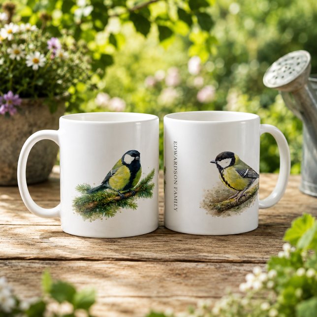 Taza De Café Cute carboncillo herrerillo monogramado (Cute watercolor great tit bird monogrammed coffee mug. Lovely mug for bird lovers.)
