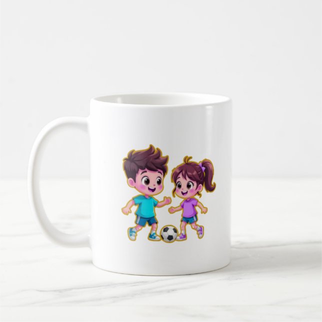 Taza De Café **Cute Cartoon Boy and Girl Playing Soccer Togethe (Izquierda)