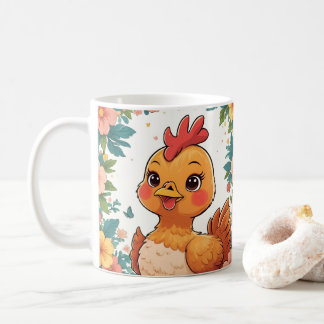Taza De Café Cute Cartoon Chicken, Colorful Floral. Farm Animal