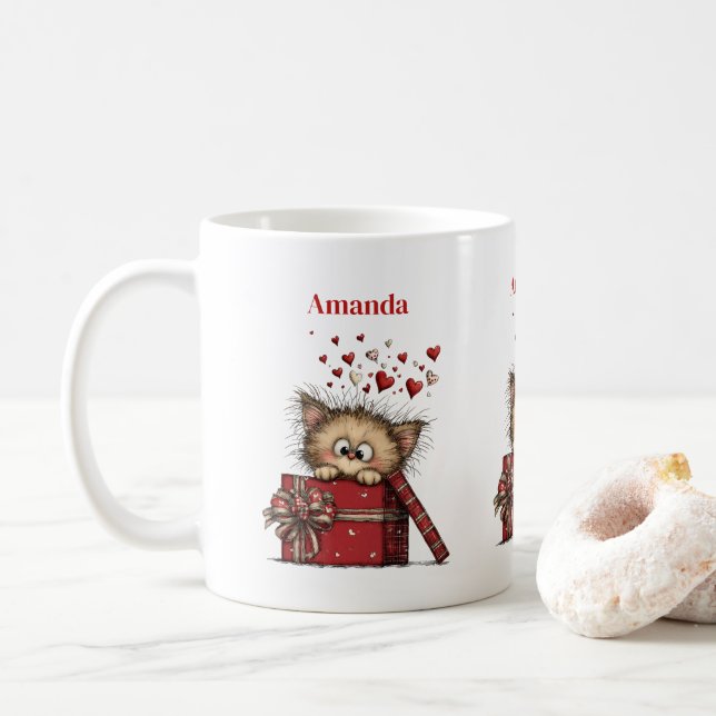 Taza De Café Cute Cartoon Kitten in a Box with Hearts (Con donut)