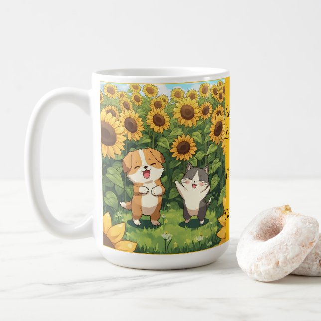 Taza De Café Cute Cat and Dog Sunflower Field Mug (Con donut)