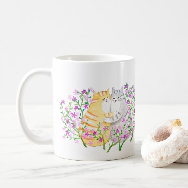 Taza De Café Cute Cat Couple snuggling in flowers Cat Lover (Con donut)